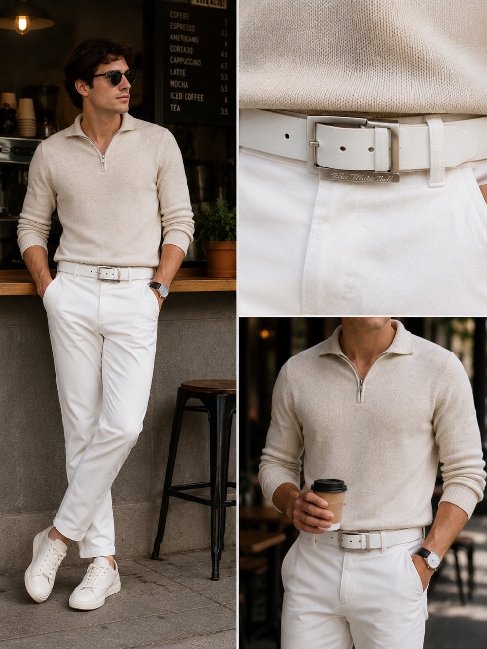 The White Ball White Leather Golf Belt Silver Buckle Country Club Preppy‎